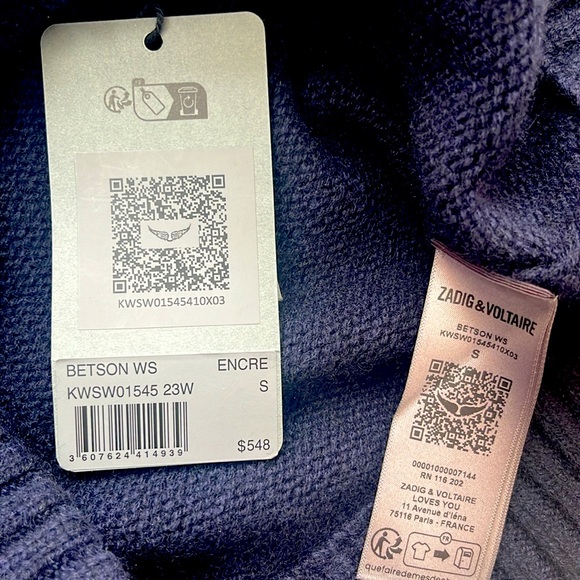 Zadig & Voltaire Betson Cashmere Sweater Navy Rhinestone Star Buttons Sz S NWT - Picture 7 of 8